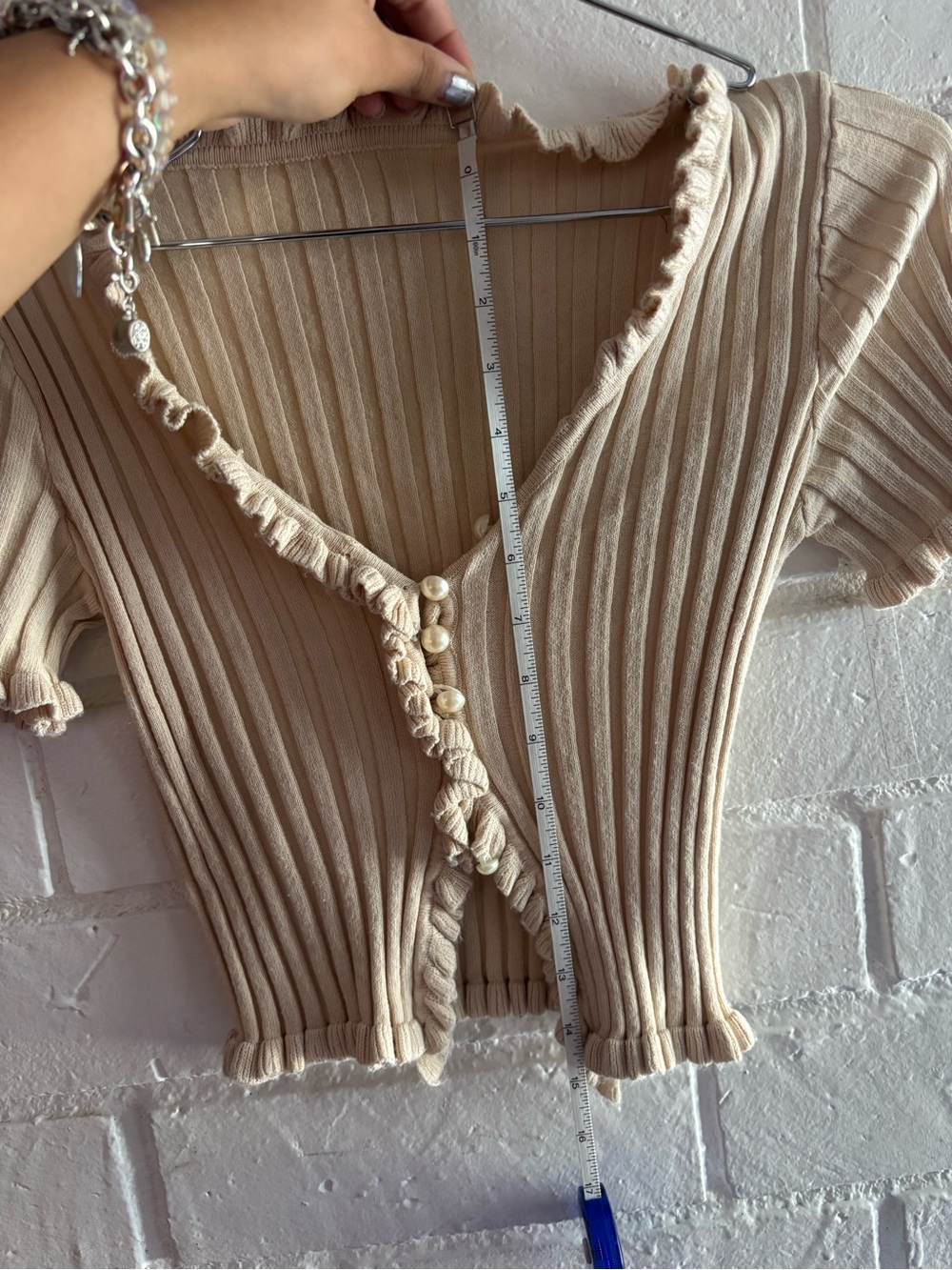 Ribbed Ruffle Button-Front Crop Top - Cream - Picture 9 of 9